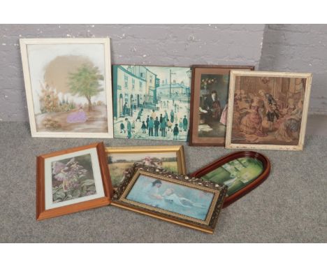 A collection of pictures, to include Lowry print, embroidery etc.  
