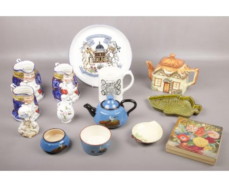 A group of ceramics, Denby commemorative plate, Poole Fish dish, Wedgwood mug, Coalport examples  