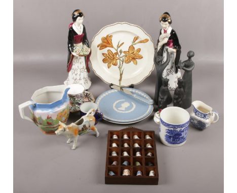 A group lot of ceramics to include Wedgwood, Spanish ceramic figures, Royal Doulton bisque figures etc.  