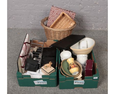 Two boxes of miscellaneous, to include binoculars, Beswick dog, LYDC handbag, wicker baskets etc.  