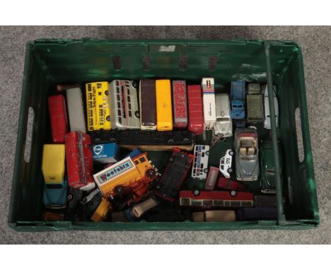 A box of die cast model vehicles, Lesney, Corgi, Dinky examples  