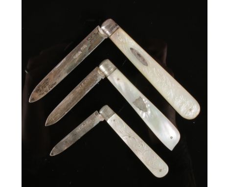 Three silver fruit knives with mother of pearl scales.  