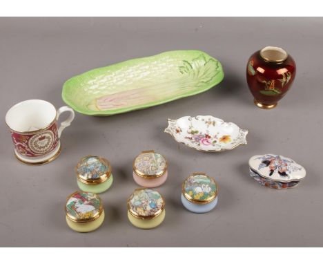 Royal Crown Derby 'Derby Posies' pin dish, Beswick 220 dish,  Buckingham Palace mug, Carlton ware vase, to include five Frank