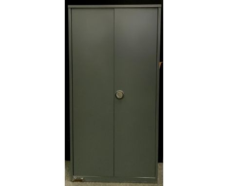 An industrial metal two door cabinet, three shelf interior, 180cm high, 90cm wide, 45cm deep 