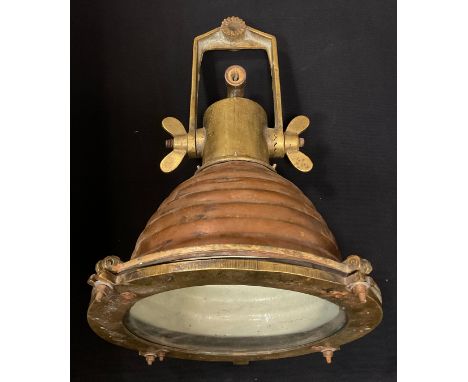 A Nautical Ships beehive pendant search light, copper cowl, lockable adjustable mount, 49cm drop, 43.5cm diameter 