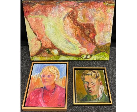 Davy Moakes, ‘Pink Rock, Abstract composition’, signed, acrylic on canvas, 49.5cm x 70cm;  Portrait of a young man, signed, d