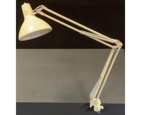 A vintage angle poise lamp, desk clamp base, cream body and shade, 98cm long, Thousand &amp; One Lamp Co sticker, F-0323. 