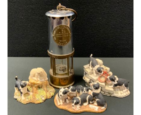 An Eccles type 6 miners lamp;  Border Fine Arts models, Pups for Sale;  Lamb and Border Collie etc (4) 