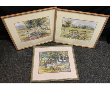 Gina Morton, ‘Farmyard Fowl’, signed, watercolour, 27cm x 35.5cm;  another two by the same artist, A pair - 'Summer Pasture',