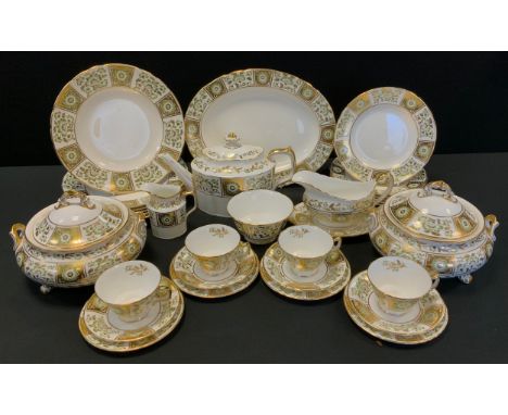 A Royal Crown Derby Green Derby panel pattern dinner and tea set, inc two lidded tureens, six dinner plates, six side plates,