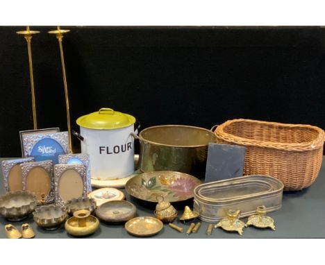 Metalware - a white enamel flour bin, green lid;  pair of brass table lamps,  planters,  Art Nouveau WMF style pewter vase;  