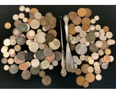 Coins - George III and later, including 1807 penny, GV crown 1933, pennies, Edward VII florin, etc; a pair of silver hafted b