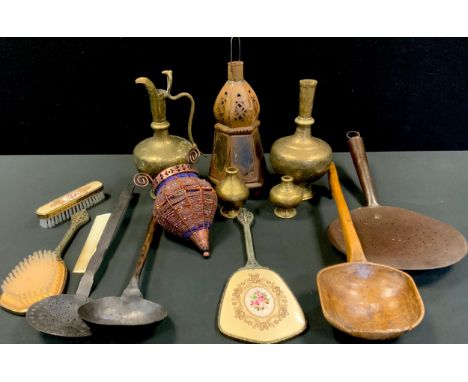 A 19th century straining sieve, another smaller;  ladles;  Indian brass vessels, lantern etc 