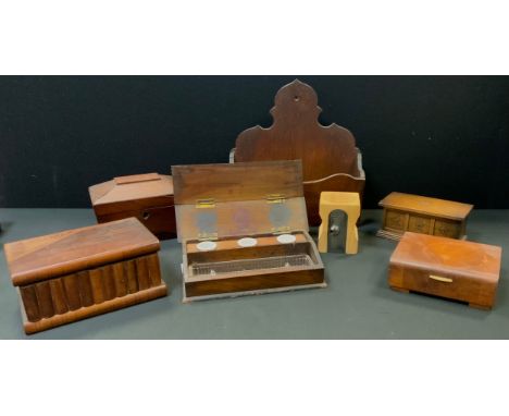 A 19th century mahogany tea caddy;  olivewood book box;  oak standish;  wall box etc 
