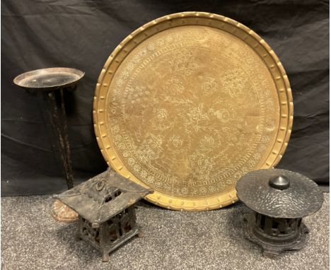 A cast iron Oriental style lantern;  another;  Indian brass charger etc 