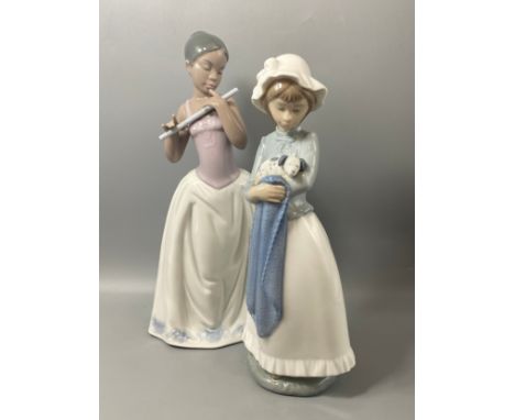 2x Nao by Lladro figures to include Girl with flute and girl with puppy 