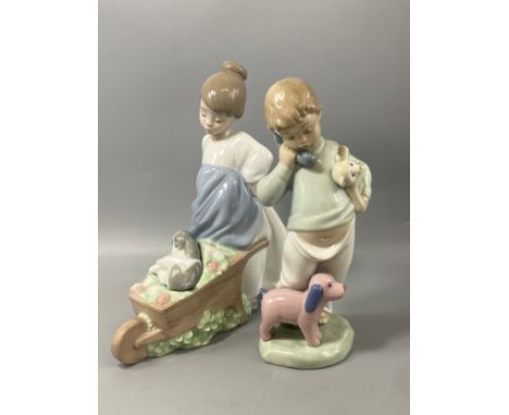 2x Nao by lladro figures to include bot with teddy and Girl pushing wheelbarrow 