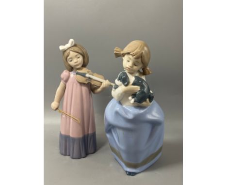 2x Nao by Lladro figure to include girl with violin and girl with puppy 