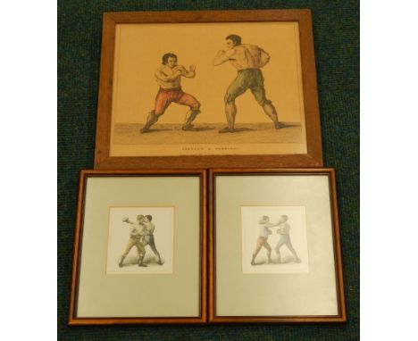 After Smeeton.  Johnson & Perrins, boxing, book plate engraved print, in colours, 24cm x 33cm, two other boxing book plates (