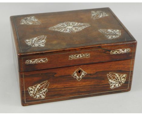 A Victorian rosewood and mother of pearl inlaid workbox, with a fitted interior, 30cm wide, (AF)