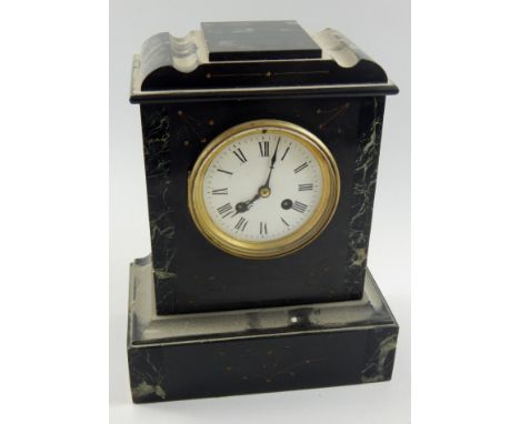 A French late 19thC black slate and variegated marble mantel clock, the white enamel dial with Roman numerals, 31cm high