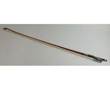 A violin bow by Otto Schuller, with white metal and mother of pearl mounts, maker's stamp