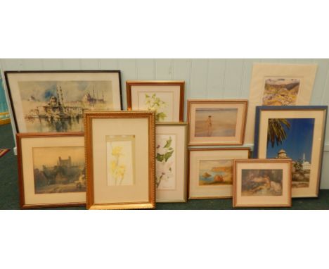 William Russell Flint.  Nude Bather, seascape, print, 18cm x 25cm, another, ML Bosden (fl 1902), Jersey, watercolour, various
