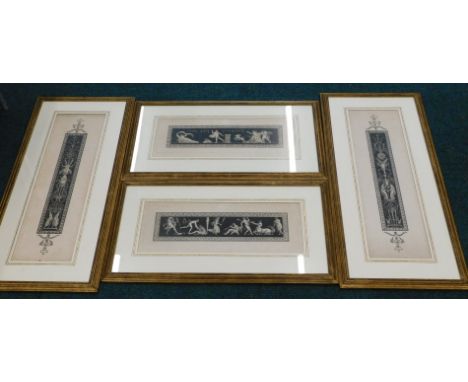 A Trellis print, of classical design, set with recumbent figures, lyres, with a scroll outline, mounted and framed, 18cm x 43