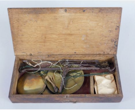 Two sets of 19thC brass scales, in a fitted oak case