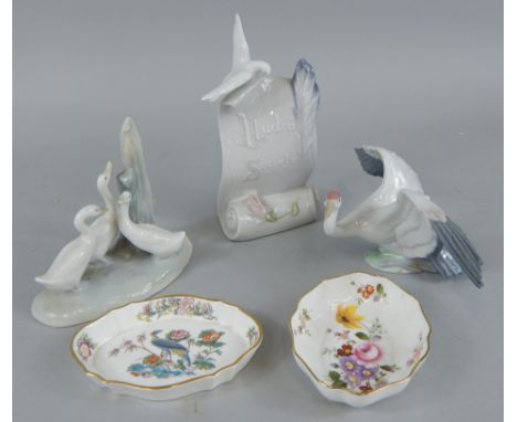 A quantity of ceramics, to include a Nao peace group, a Lladro Society scroll, a Lladro stork and two pin trays