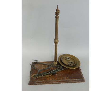 A W & T Avery Ltd set of brass scales, with brass fittings, on a painted pine base