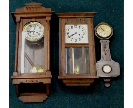 An early to mid 20thC oak wall clock, with silvered dial and another similar (AF) and a Sessions American combined clock and 