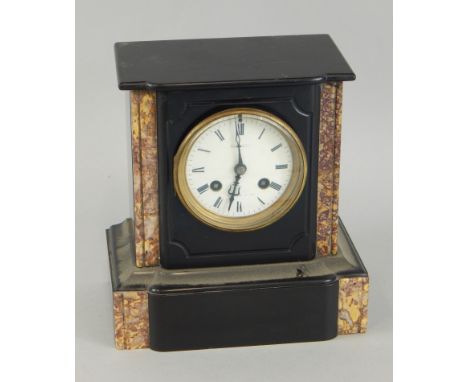 A late 19thC black slate and variegated marble mantel clock, with white enamel dial, 22cm high