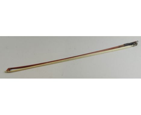 A Dorflear violin bow, with white metal and mother of pearl mounts