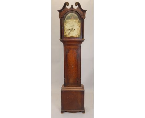 Jos. Wilson StamforD  A mid 19thC longcase clock, the arched dial painted with dead game, flowers etC, the four pillar brass 