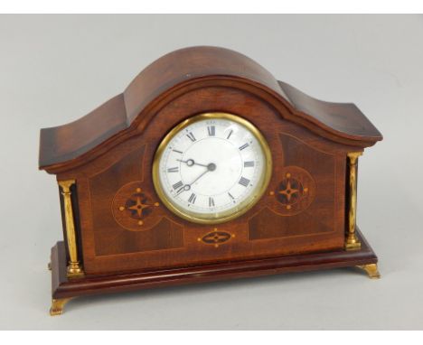 An Edwardian mahogany and marquetry mantel timepiece, with white enamel dial and marquetry case, with brass pillars, 29cm wid