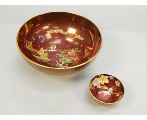 Two Carltonware Rouge Royal style bowls, one decorated with an Oriental scene, the other a kingfisher, the largest 26cm diame