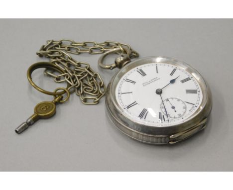 A silver open faced pocket watch, with white enamel dial, seconds dial, black hands and Roman numerals, key winD 