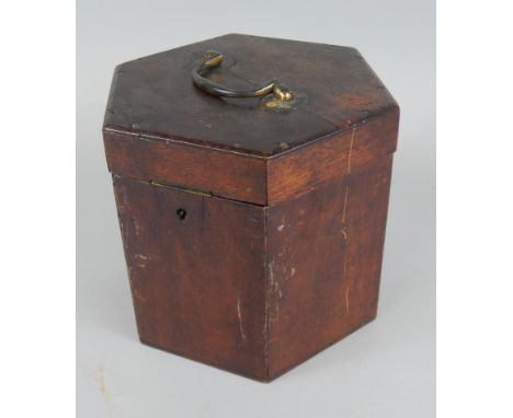 A 19thC mahogany hexagonal piano accordion or squeeze box case, with a brass handle, 20cm wide.