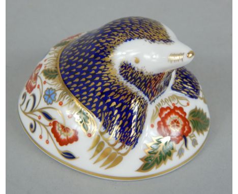 A Royal Crown Derby porcelain mole, printed mark in red to underside, gold button, boxed