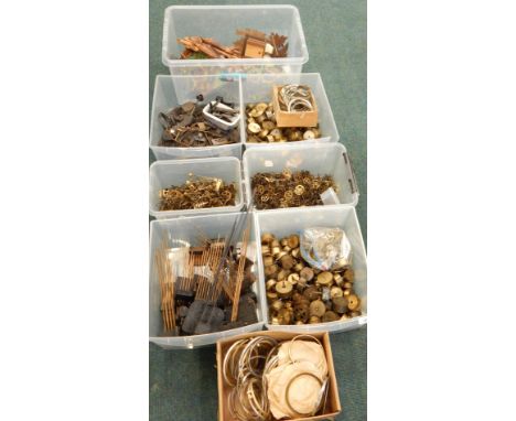 A large quantity of clock parts, to include gongs, strikers, cylinders, bezels, wheels, cuckoo clock case, parts etC (7 boxes