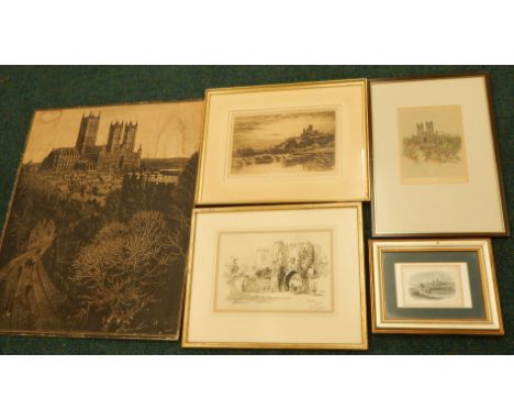 After Cecil Aldin.  Lincoln Cathedral, coloured bookplate engraving, titled in pencil, 18cm x 14cm, Sidney Barrett, Pottergat