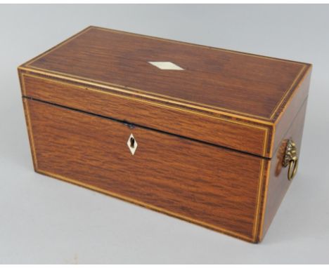 An early 19thC partridge wood tea caddy, the rectangular hinged top with a crossbanded and boxwood strung border, surrounding