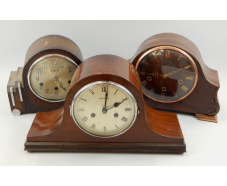 Three 20thC mantel clocks, to include an Art Deco style in walnut case, one Napoleon hat clock stamped to the dial Hendersons