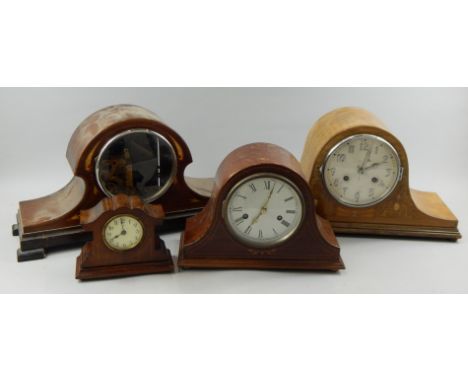 Four Edwardian type mantel clocks, to include an inlaid Napoleon's hat example and a small inlaid mantel clock (AF)