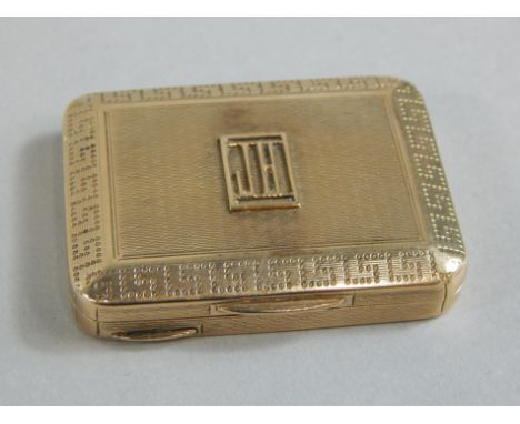 A 9ct gold vesta case, with engine turned design, bearing initials JH, 20.5g.