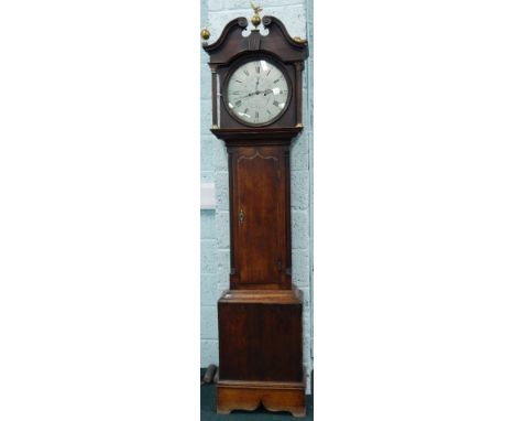 Smith, SheffielD  An early 19thC longcase clock, the silvered circular dial engraved with rococo scrolls, fantastic birds, fl