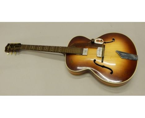 A Hofner Senator electric acoustic guitar, with serial number 3593, two piece back and rosewood fret board, inlaid with mothe