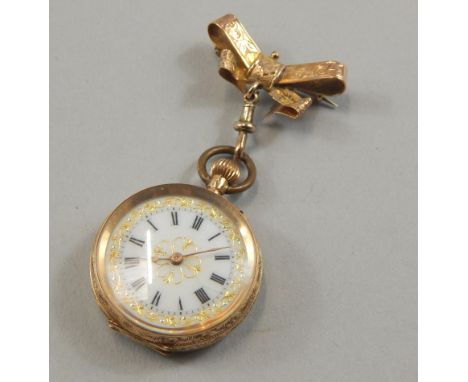 A fob watch, in florally engraved case, with bow bar brooch, the white enamel dial(AF) with gold scroll border and Roman nume