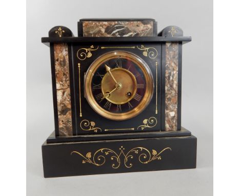 A French late 19thC black slate and variegated marble mantel clock, the blackened dial with Roman numerals, 27cm high